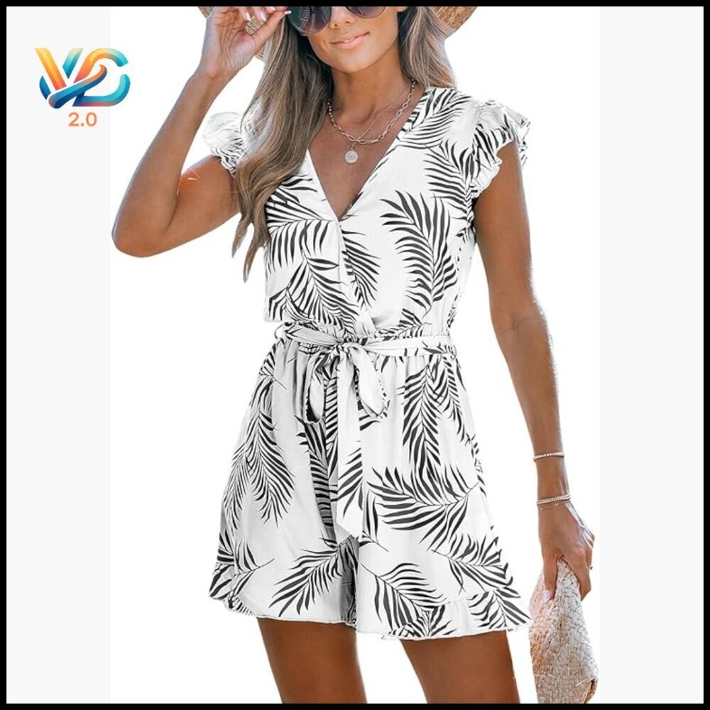 Large Rayon Romper V-Neck Wide Leg Boho Flutter Sleeve Summer Outfit